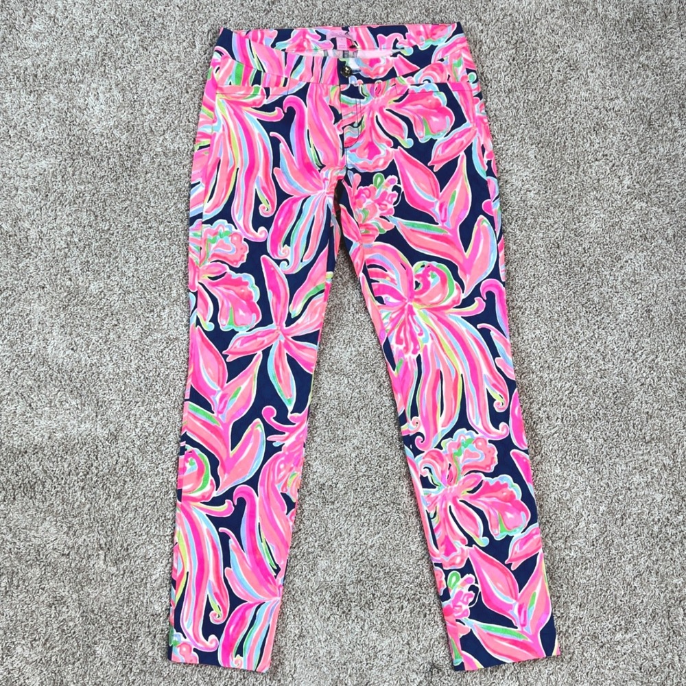 Lilly Pulitzer Kelly Ankle Pant Women 4 Pink Floral Cotton Stretch Preppy